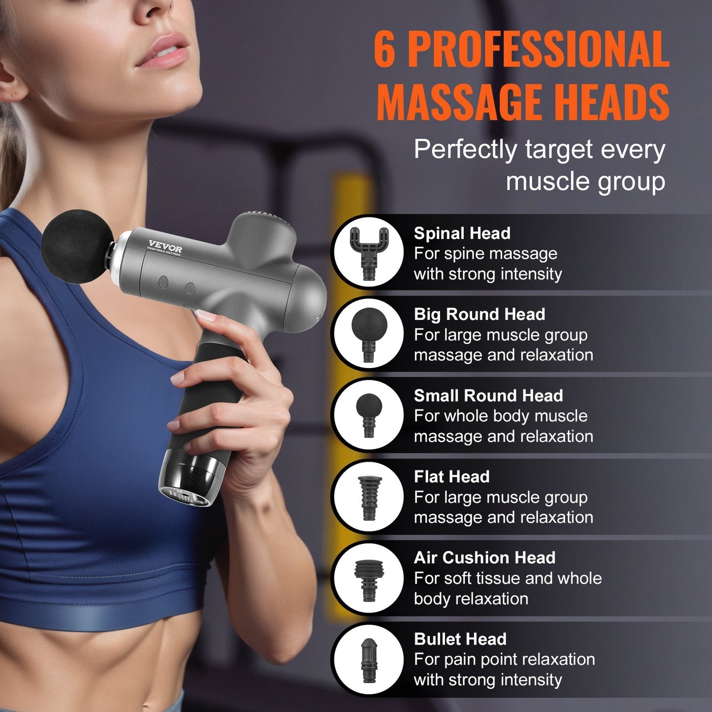 VEVOR Deep Tissue Massage Gun - Percussion Muscle Massager with 8 Speeds & 6 Heads