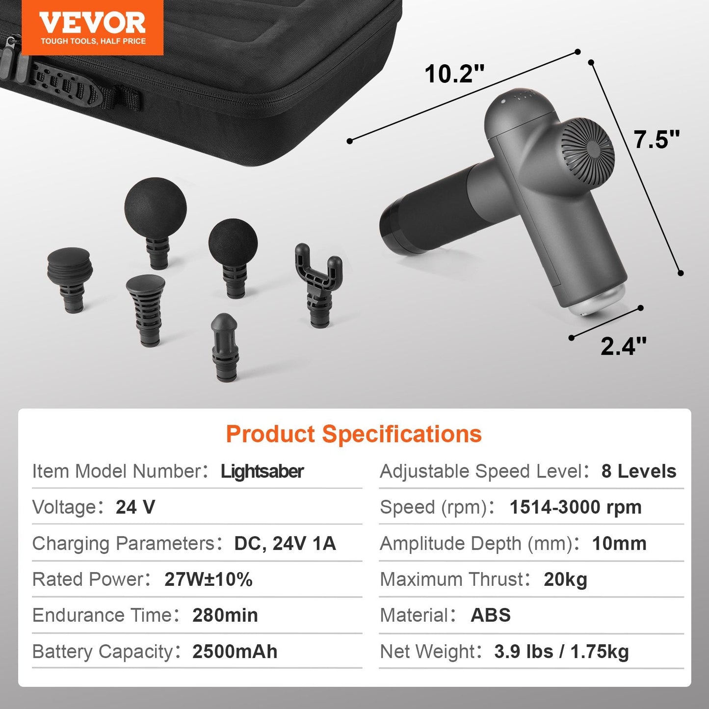 VEVOR Deep Tissue Massage Gun - Percussion Muscle Massager with 8 Speeds & 6 Heads