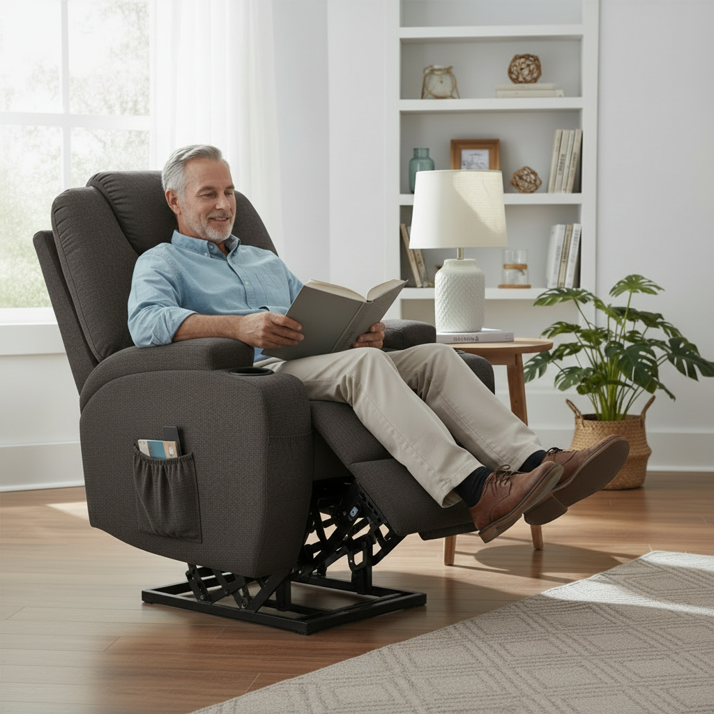Man sitting in a gray recliner chair reading a book in a living room.