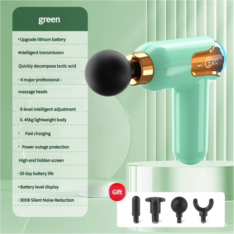 Green Portable Deep Tissue Massage Gun - 9 Speed Settings & 4 Heads