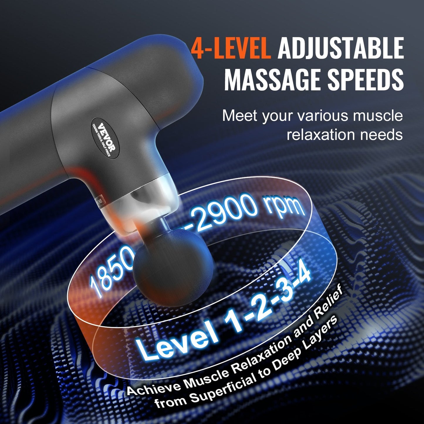 VEVOR Deep Tissue Massage Gun - Portable Percussion Muscle Massager with 4 Speeds & 4 Heads