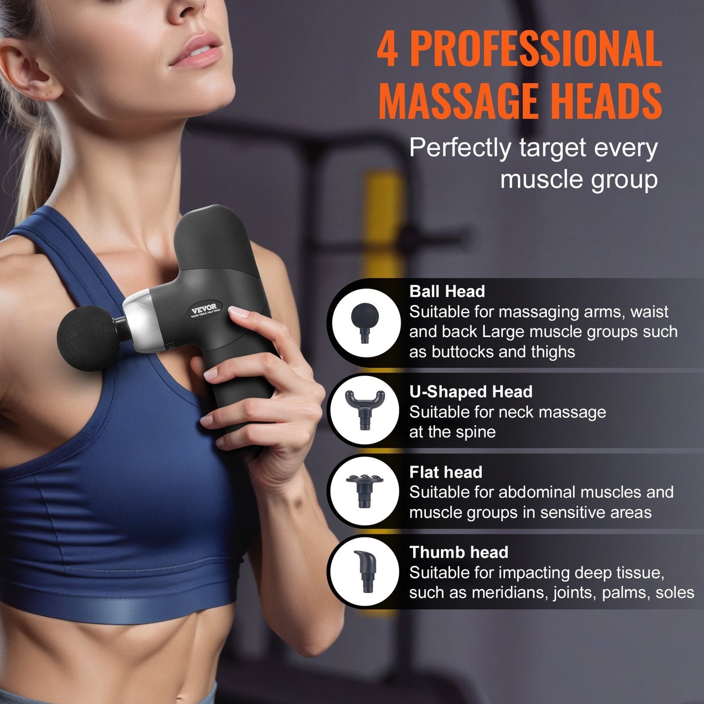 VEVOR Deep Tissue Massage Gun - Portable Percussion Muscle Massager with 4 Speeds & 4 Heads