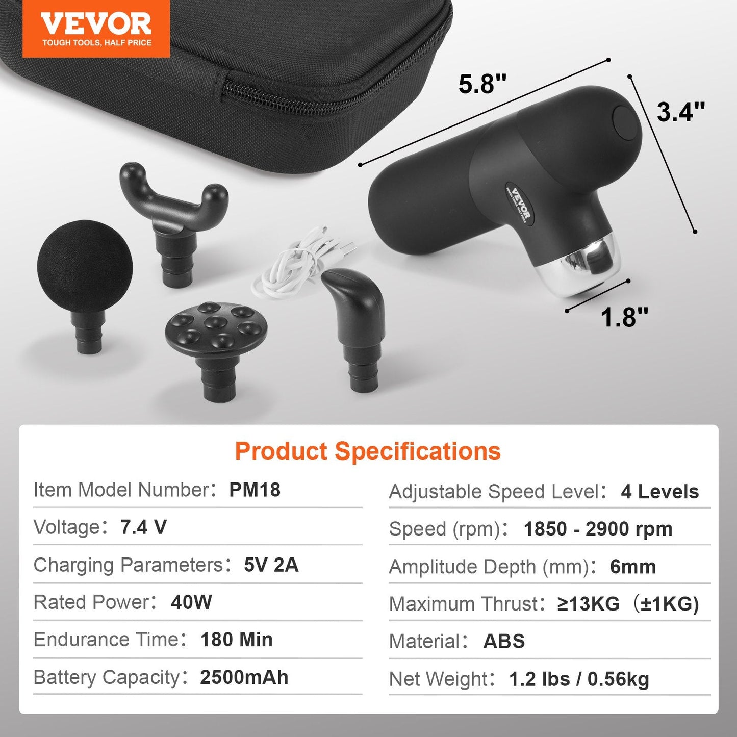 VEVOR Deep Tissue Massage Gun - Portable Percussion Muscle Massager with 4 Speeds & 4 Heads