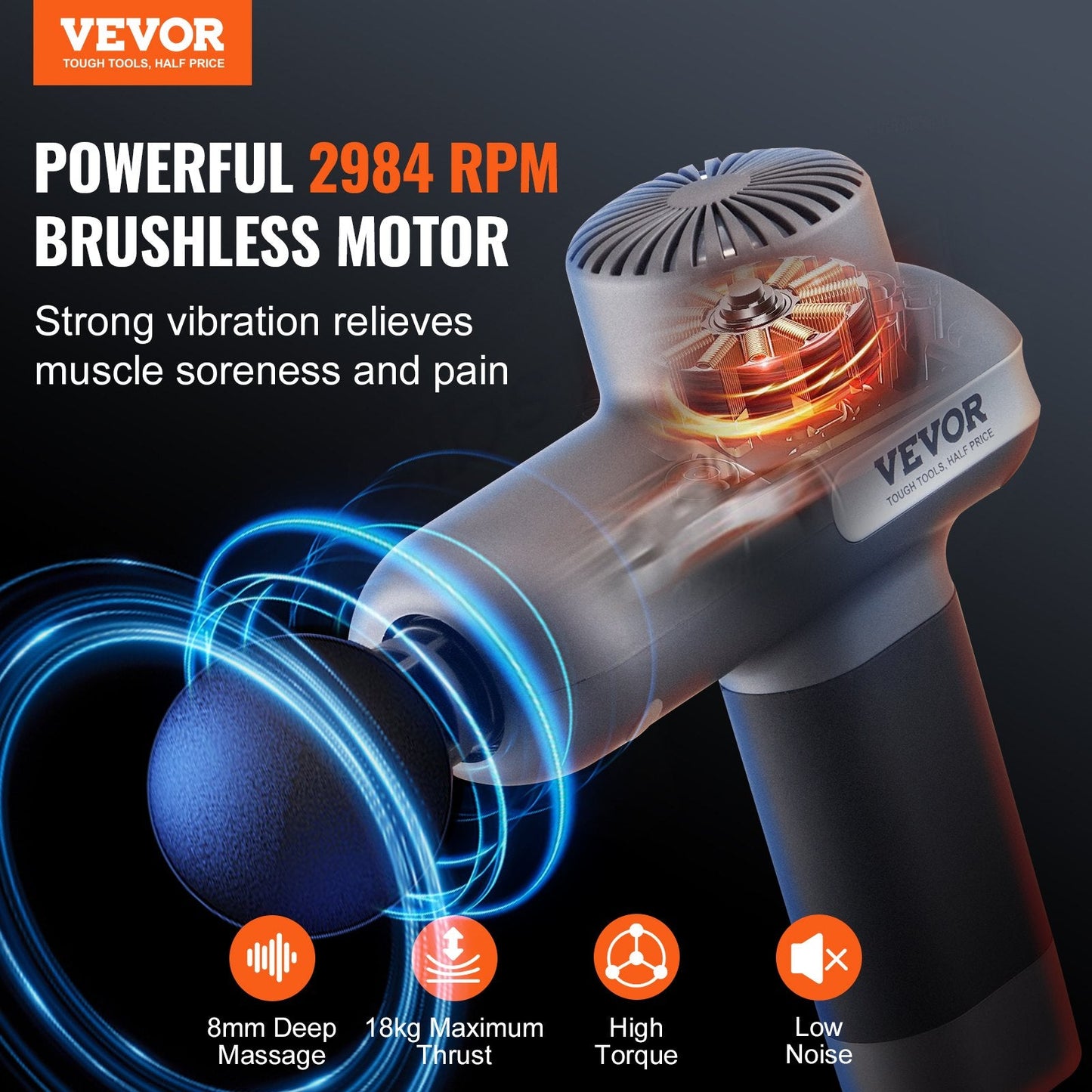 VEVOR Deep Tissue Massage Gun - Percussion Massager with 5 Speeds & 6 Heads