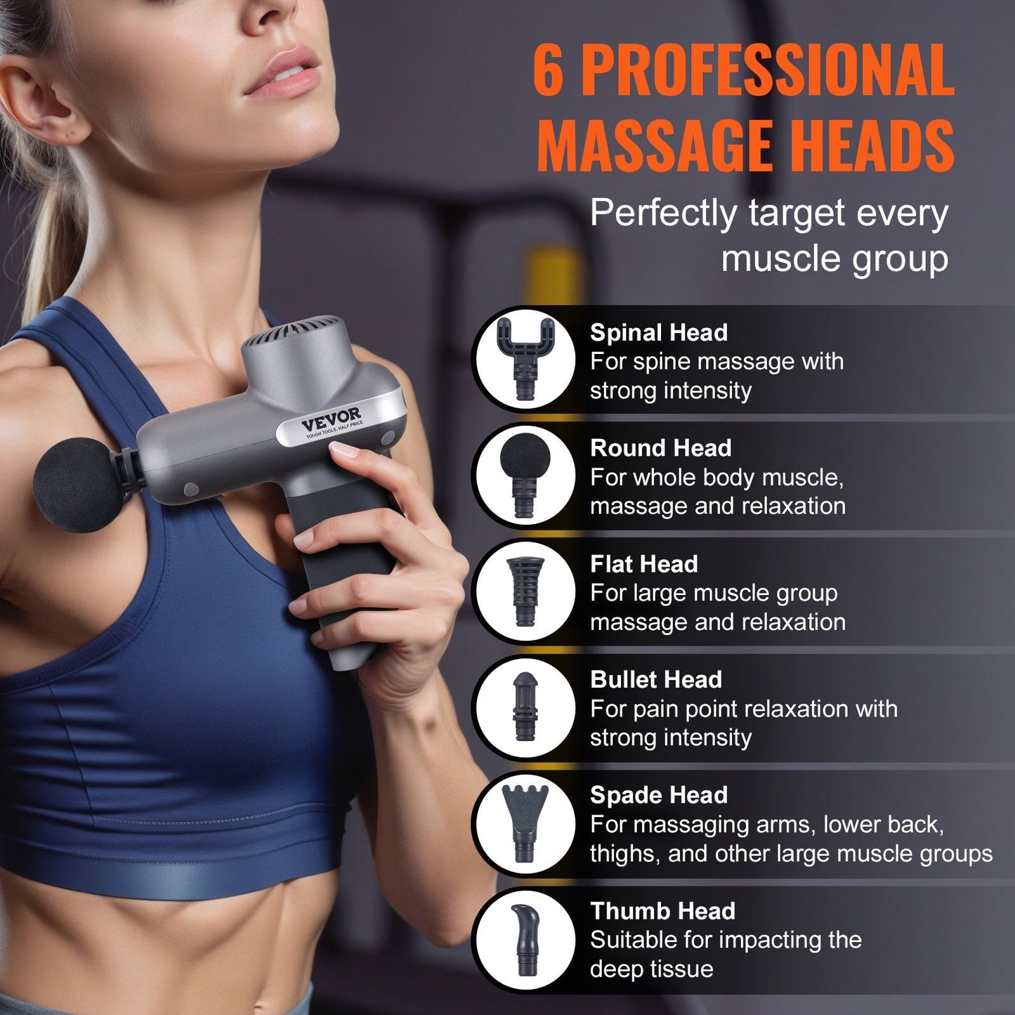 VEVOR Deep Tissue Massage Gun - Percussion Massager with 5 Speeds & 6 Heads
