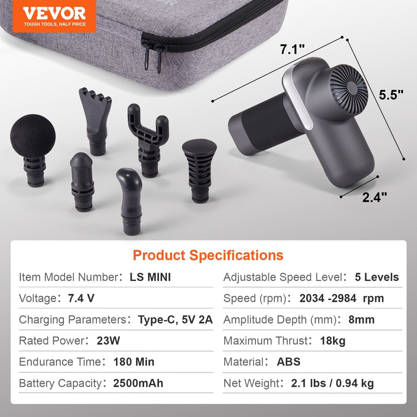 VEVOR Deep Tissue Massage Gun - Percussion Massager with 5 Speeds & 6 Heads
