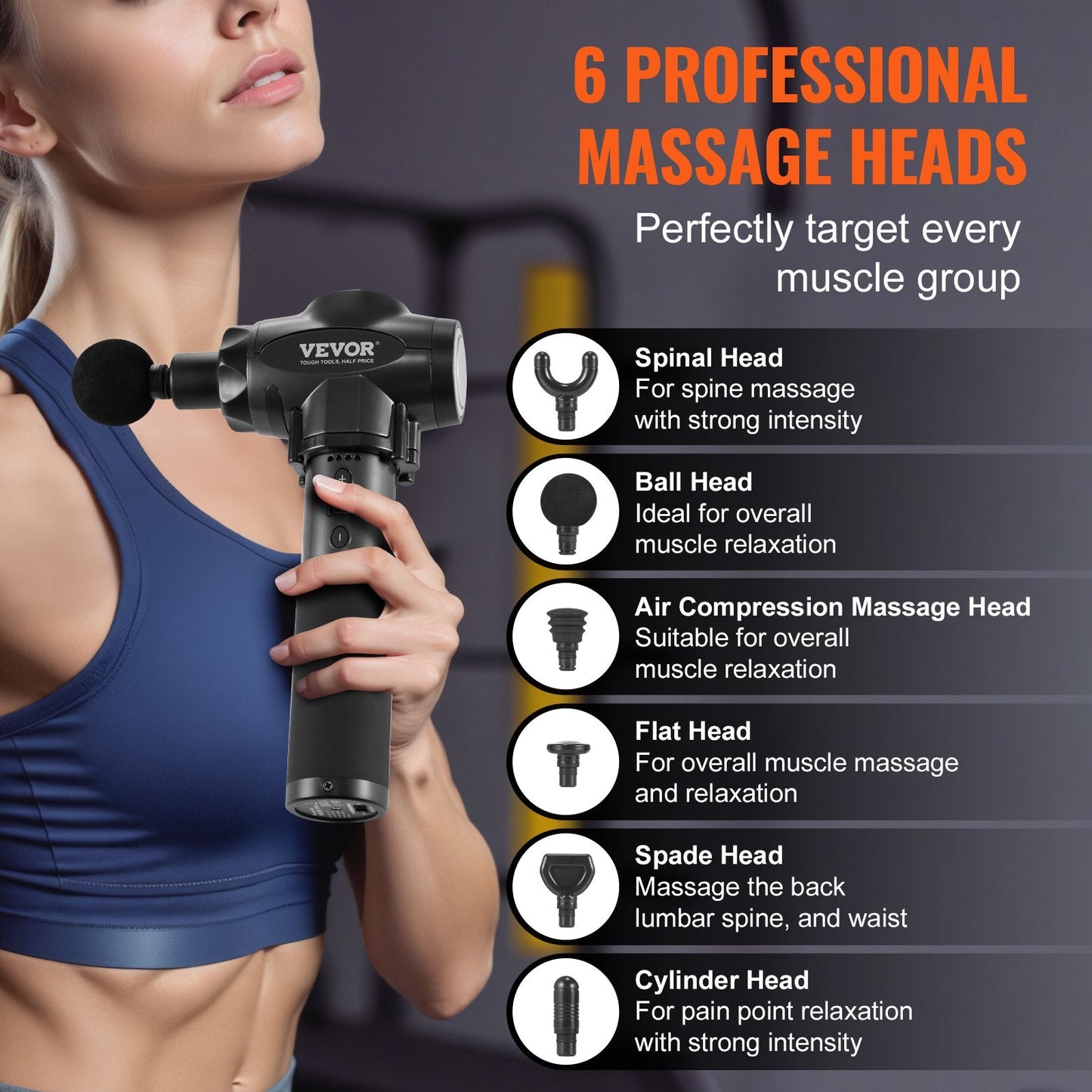 VEVOR Deep Tissue Massage Gun for Athletes - 9 Speed Levels & 6 Heads