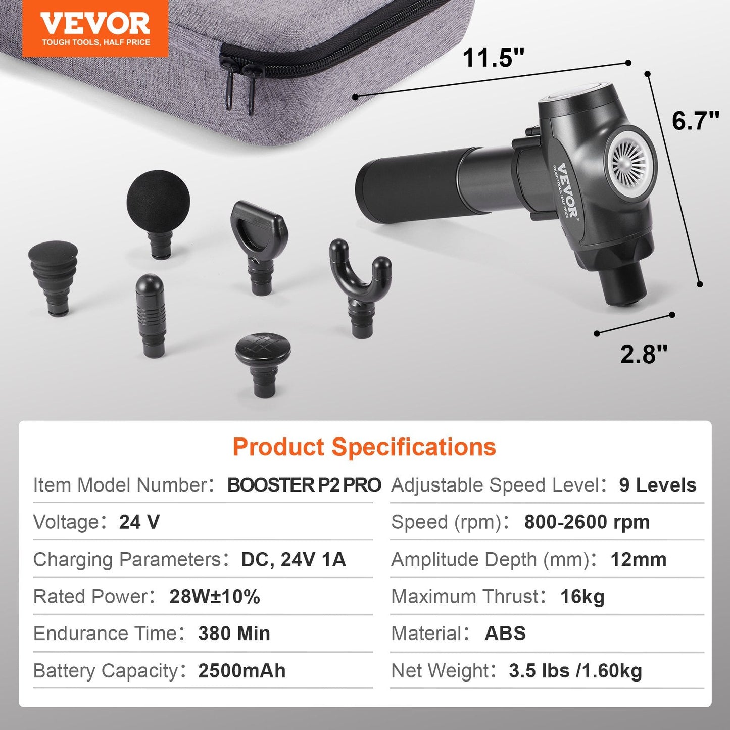 VEVOR Deep Tissue Massage Gun for Athletes - 9 Speed Levels & 6 Heads