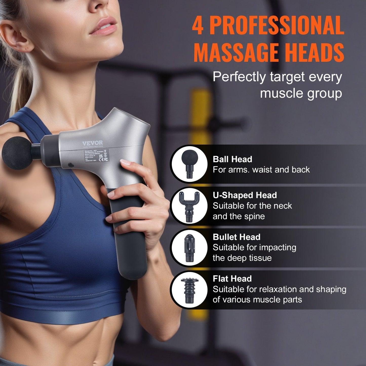 VEVOR Deep Tissue Massage Gun with 6 Speeds & 4 Heads for Muscle Relief