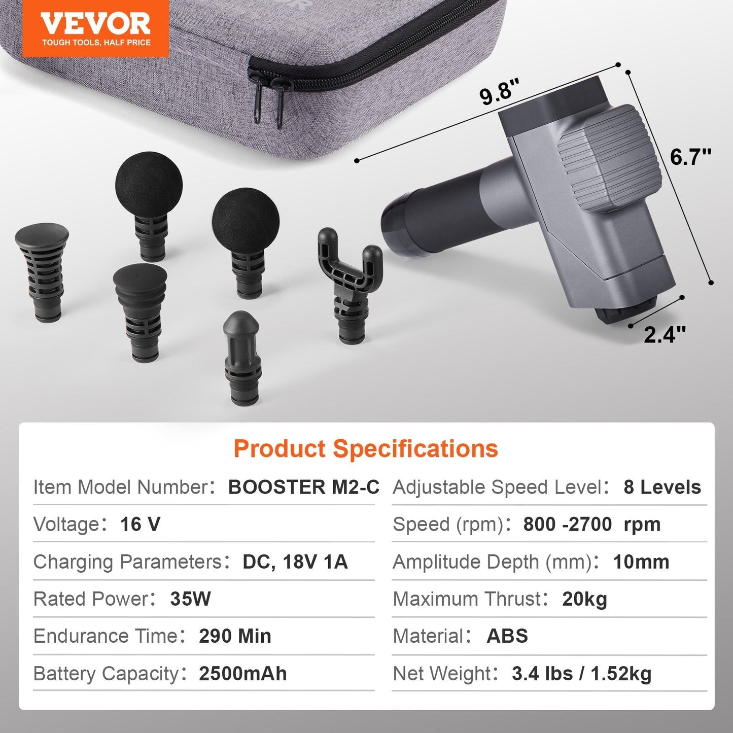 VEVOR Deep Tissue Massage Gun - 8 Speed Levels & 6 Heads, Portable Relief for Athletes