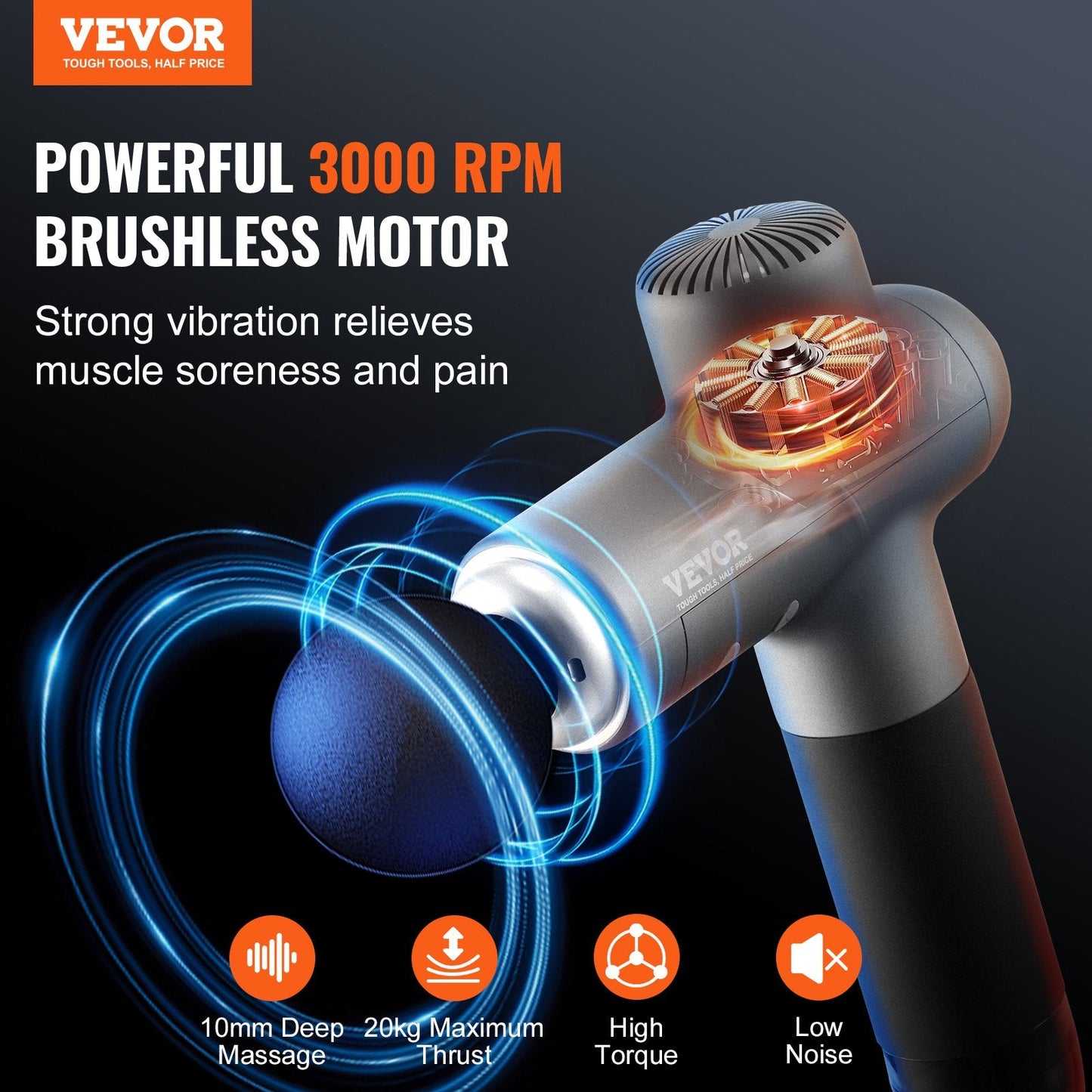 VEVOR Deep Tissue Massage Gun - Percussion Muscle Massager with 8 Speeds & 6 Heads