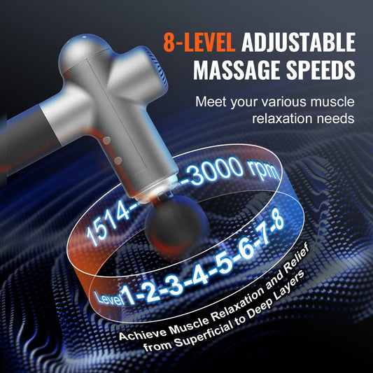 VEVOR Deep Tissue Massage Gun - Percussion Muscle Massager with 8 Speeds & 6 Heads